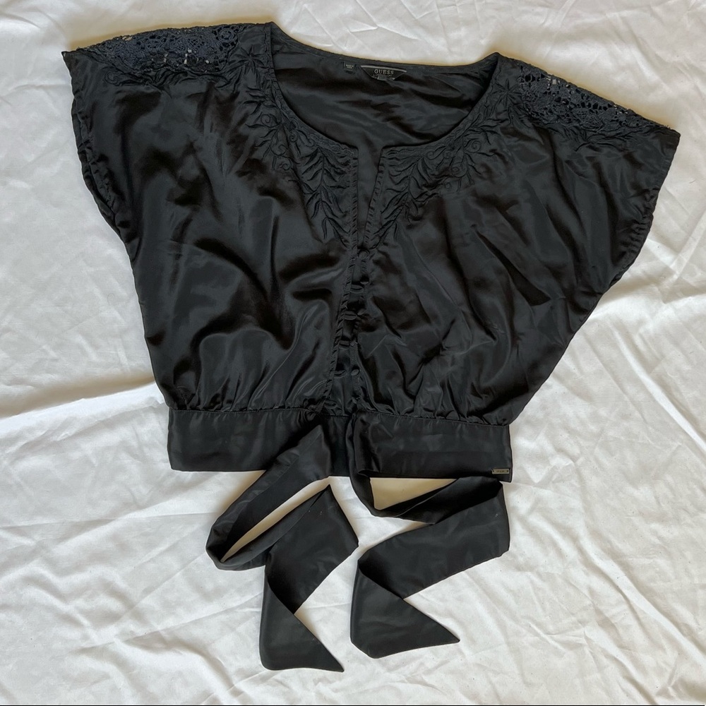 Vintage Style Guess button up silk Blouse with intricate details and front tie